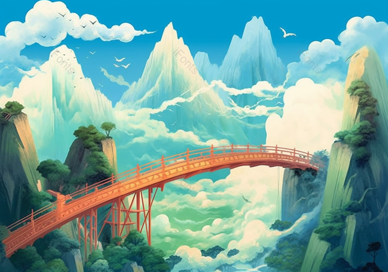 中国国潮风千厮门群山间大桥风景插画,插画/手绘图,插画/手绘图库,插画/手绘图下载,插画/手绘